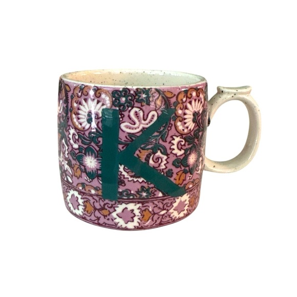 Anthropologie Block Printed Monogram Initial K Purple Green Floral Coffee Mug - Picture 7 of 7